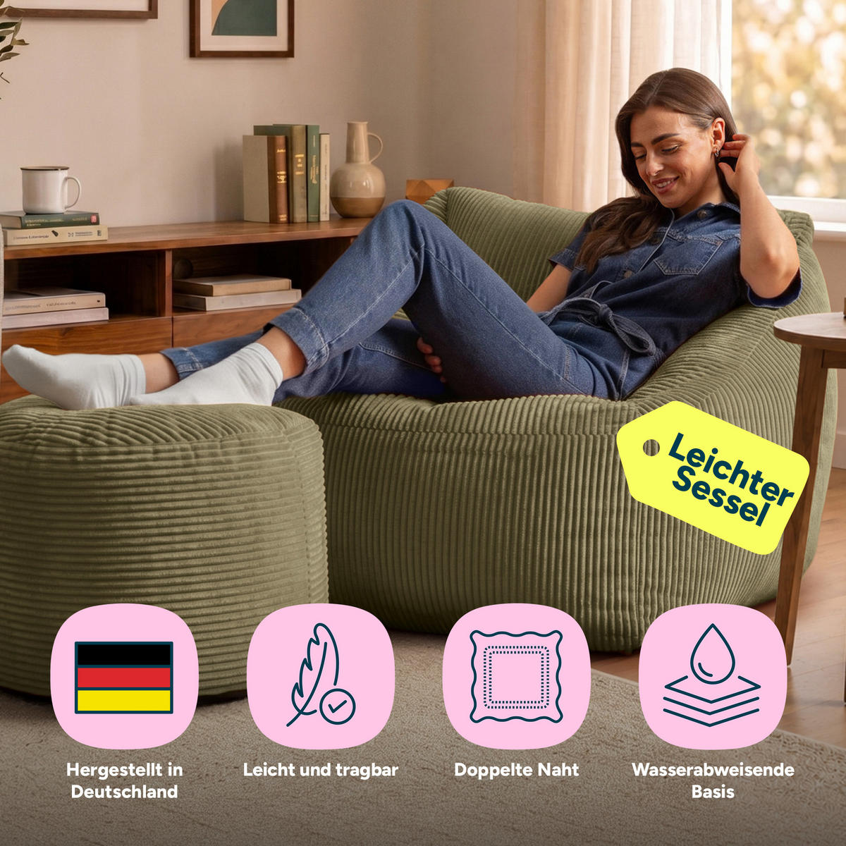 SITZSACK Sessel Natalia + Sitzpouf - Salbeigrün, Textil (100/80/88cm) - icon