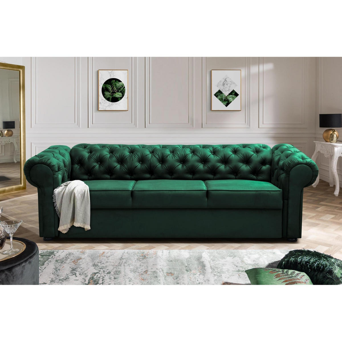 SCHLAFSOFA Chester 3-Sitzer, im Chesterfield-Stil, Dunkelgrün - Wengefarben/Dunkelgrün, Textil (252/82/92cm) - Beautysofa