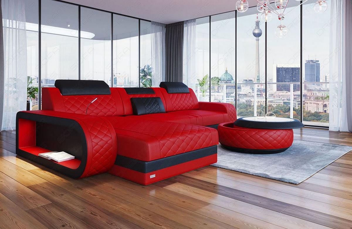 ECKSOFA Sofa Berlin Rot Schwarz Echtleder - Rot, Leder (308/198cm)
