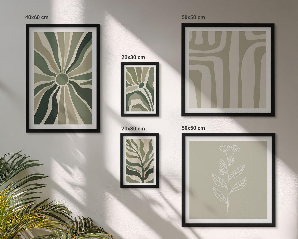 BILDER SET 5er Set - 50x50 cm & 20x30 cm & 40x60 cm Schwarzer Rahmen - Pflanzenmuster grüner Minimalismus - Schwarz, Kunststoff (40/60cm) - TULUP