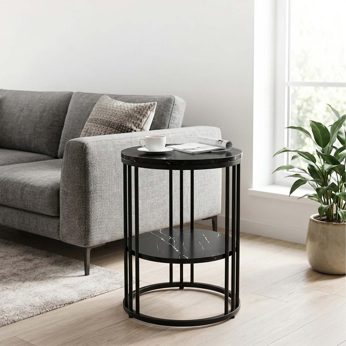 ODKLÁDACÍ STOLEK černá mramorový vzhled 2 police - černá, kov/kompozitní dřevo (40/40/56cm) - Relaxdays