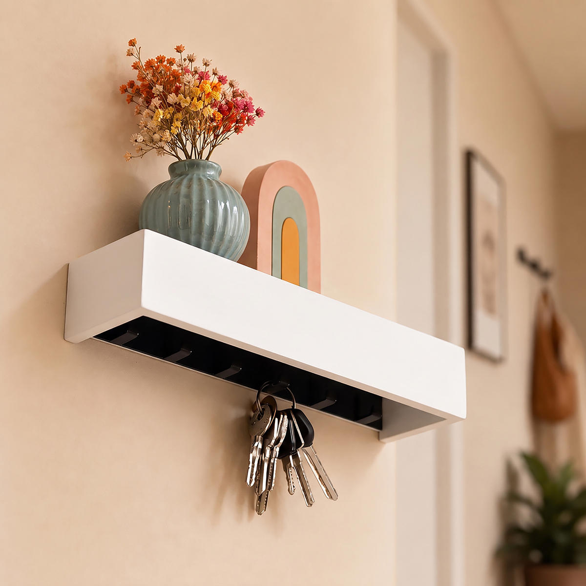 SUPORT pentru chei alb bambus 6 cârlige - alb, lemn/metal (26/5/7cm) - Relaxdays