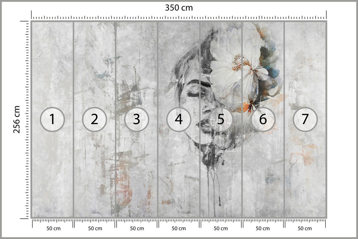 FOTOTAPETE für Schlafzimmer Frau Porträt Blume Beton Abstraktion 350x256 - Blau/Orange, Papier (350/256cm) - Muralo