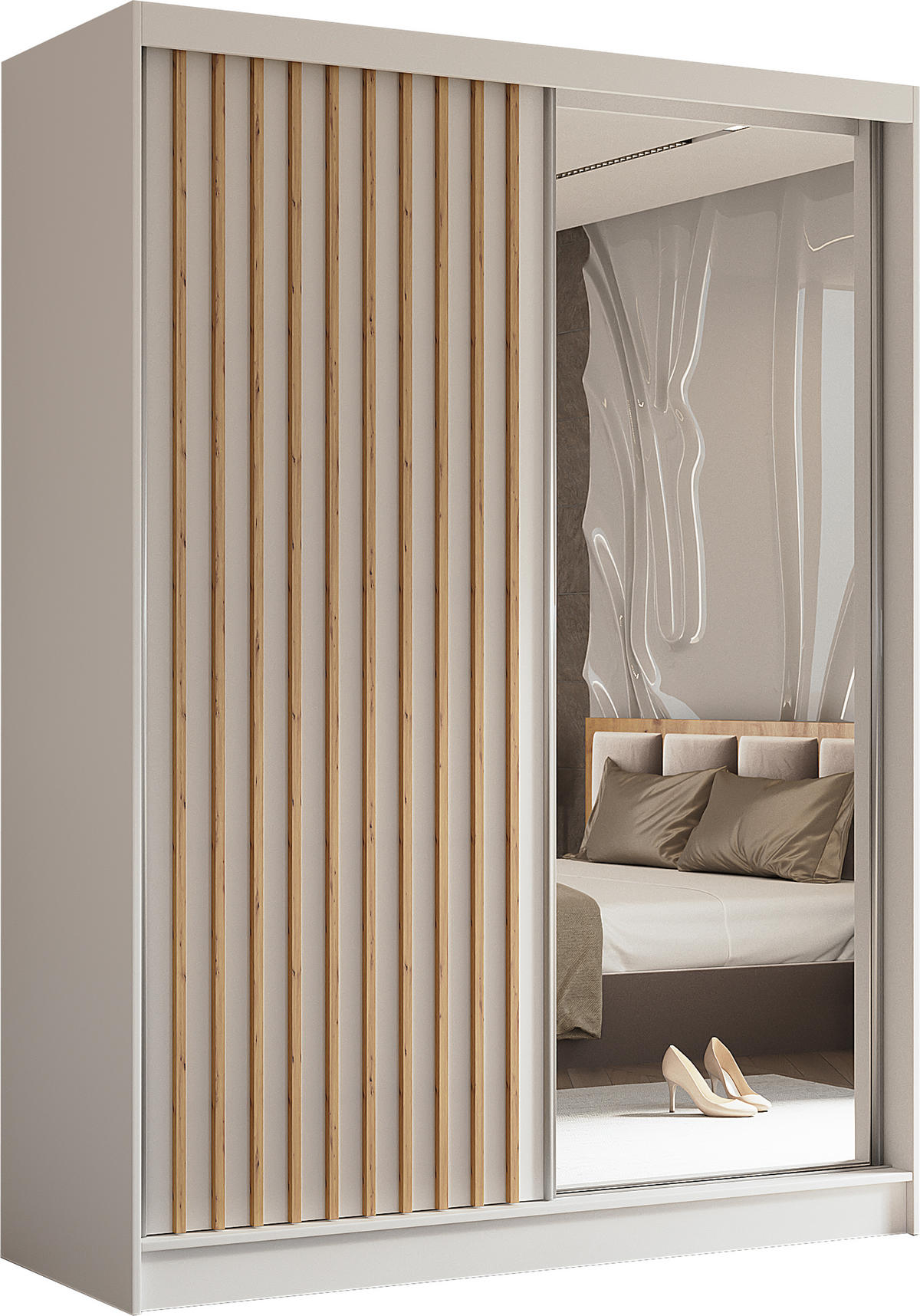 SCHWEBETÜRENSCHRANK Cabinio Weiß Eiche Artisan 160/216/61 cm – mit Spiegel und Lamellen - Walnussfarben/Weiß, Holzwerkstoff/Kunststoff (160/216/61cm) - AX Living