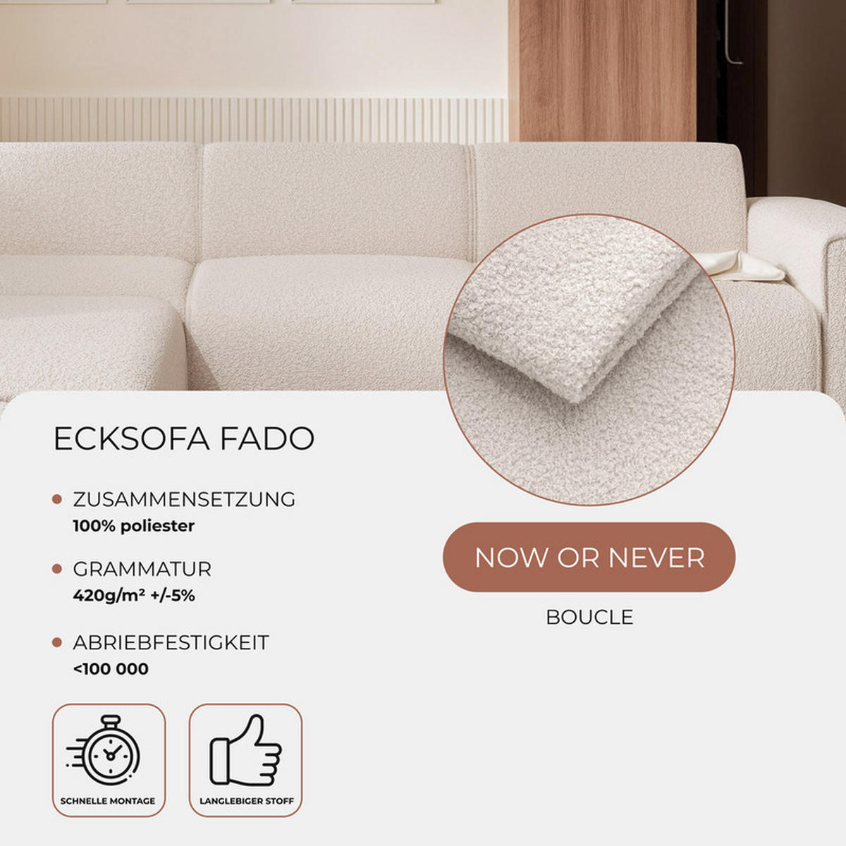 ECKSOFA ZAVO Feiner Mischstoff in Creme - Creme, Holzwerkstoff/Kunststoff (310/218cm) - Idohome
