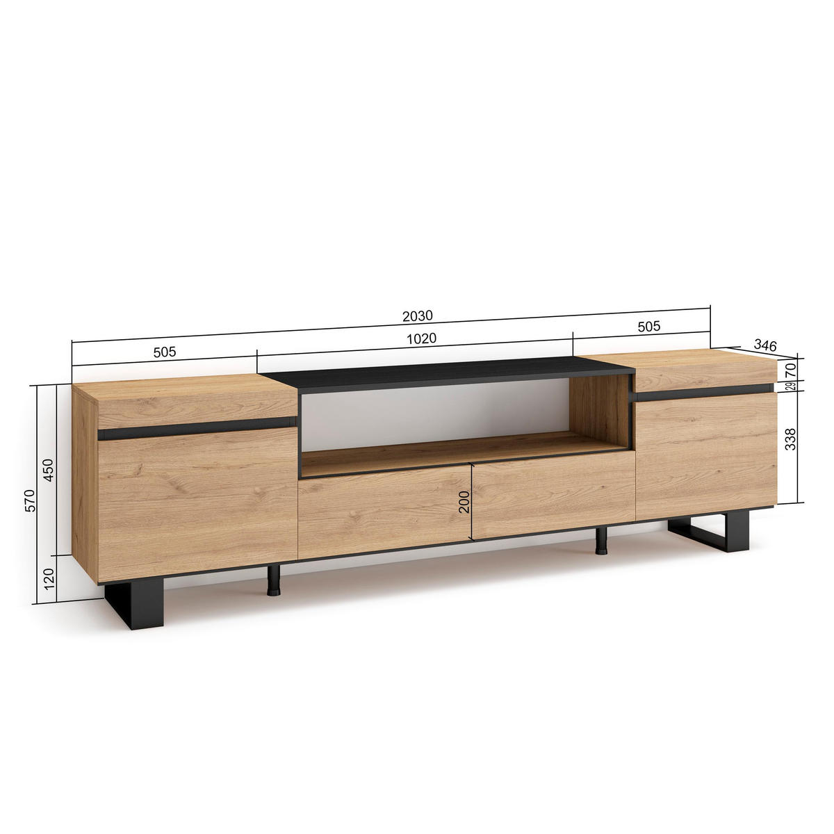 LOWBOARD eiche, schwarz, 200/35/57cm - Eichefarben/Schwarz, Holzwerkstoff (200/57/35cm) - Skraut Home