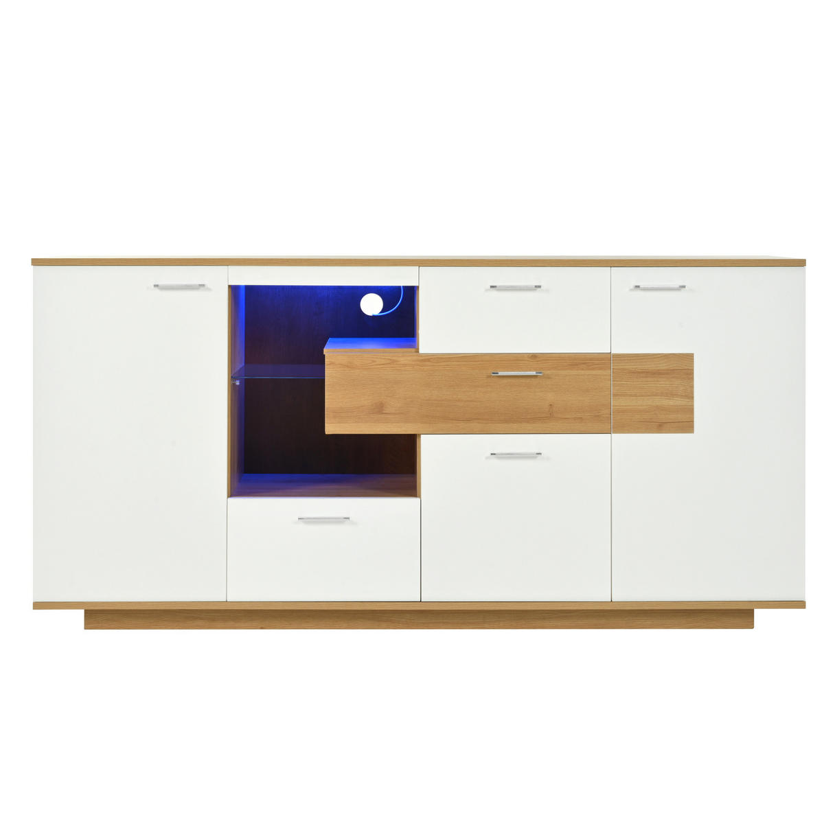 SIDEBOARD 160/40/77 cm Natur/Weiß aus MDF mit LED und 4 Schubladen - Naturfarben, Holzwerkstoff (160/77/40cm) - OKWISH