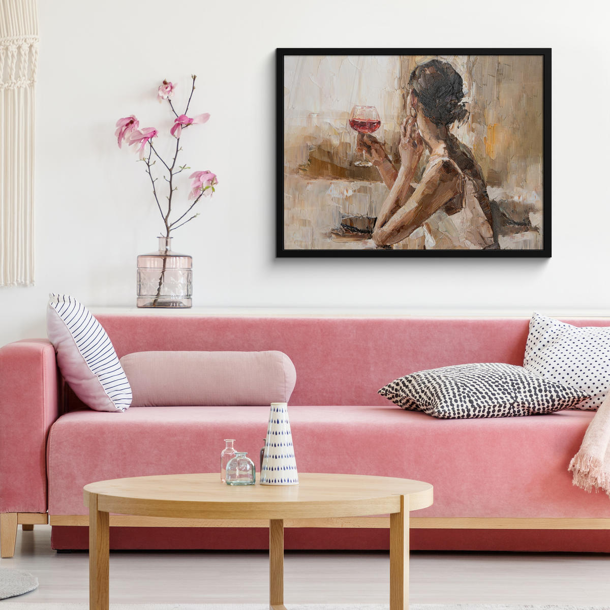 ZARÁMOVANÝ PLAGÁT Olejomaľba - Žena - Víno 80x60 cm - svetlohnedá, papier (80/60cm) - MuchoWow