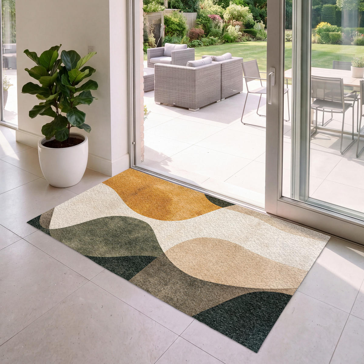 FUSSMATTE Formen - Ockergelb - Abstrakt Flurteppich 150x90 cm - Multicolor, Kunststoff (150/90cm) - MuchoWow