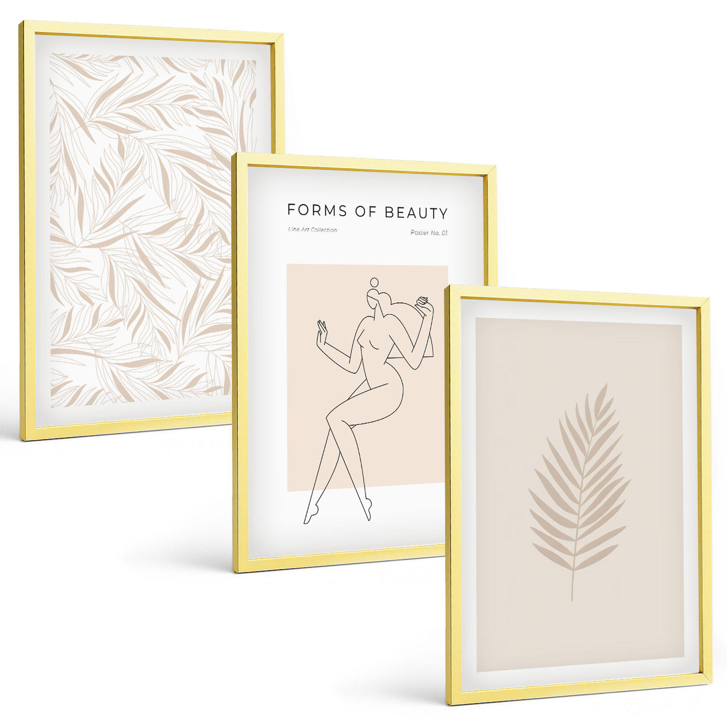 BILDER SET 3er Set - 40x60 cm Goldrahmen - Minimalistische botanische Motive - Goldfarben, Kunststoff (40/60cm) - TULUP