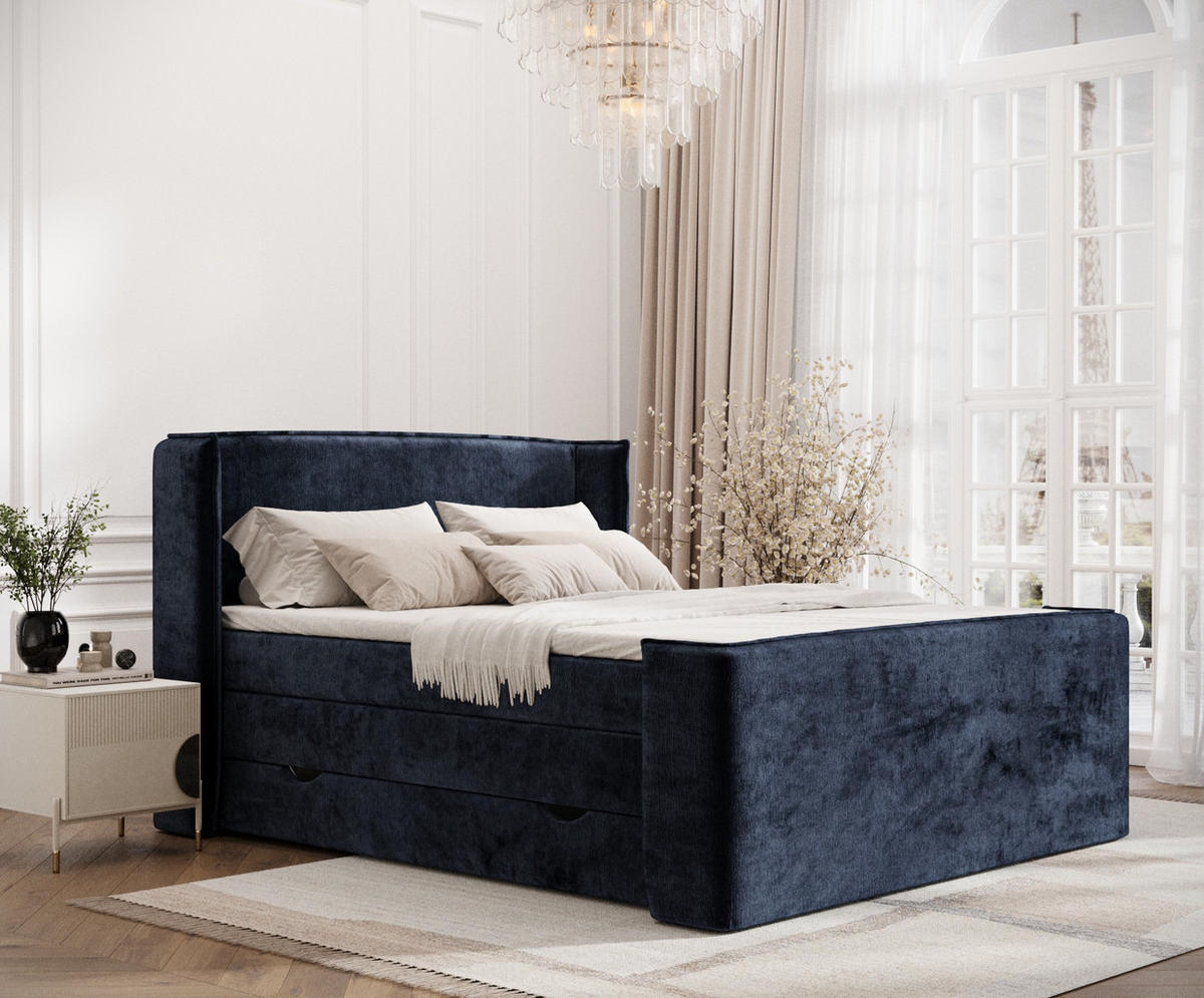 BOXSPRINGBETT Freeland Marineblau 140/200 cm mit Matratze und Topper - Schwarz/Dunkelblau, Holz/Holzwerkstoff (140/200cm) - Maison de Reve