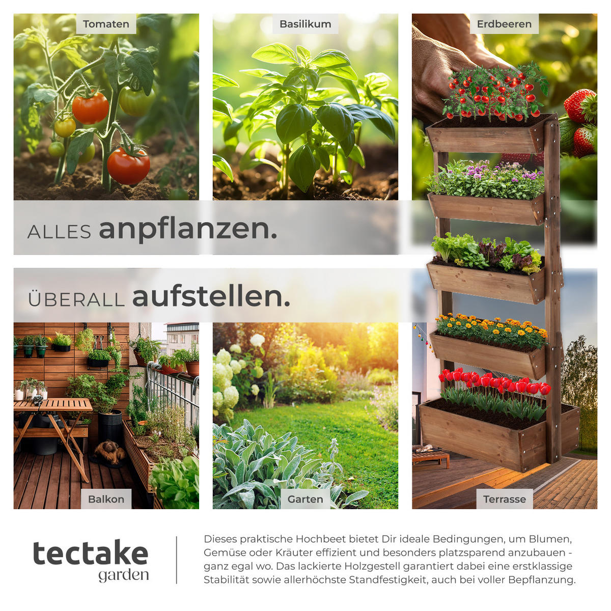 VERTIKALBEET Flora,inklusive Pflanzvlies, 81 x 52 x 180 cm,braun - Braun, Holz (81/180/52cm) - tectake