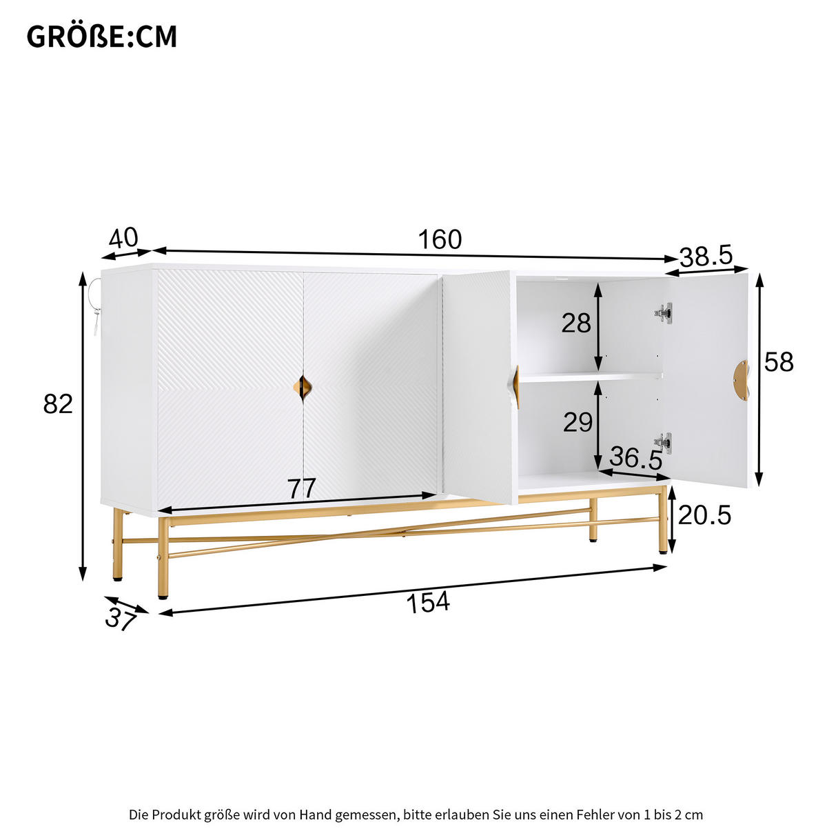SIDEBOARD 160/40/82 cm aus MDF und Spanplatte mit 4 Türen, Soft-Close und goldfarbenen Details, Weiß - Weiß, Holzwerkstoff (160/82/40cm) - Redom
