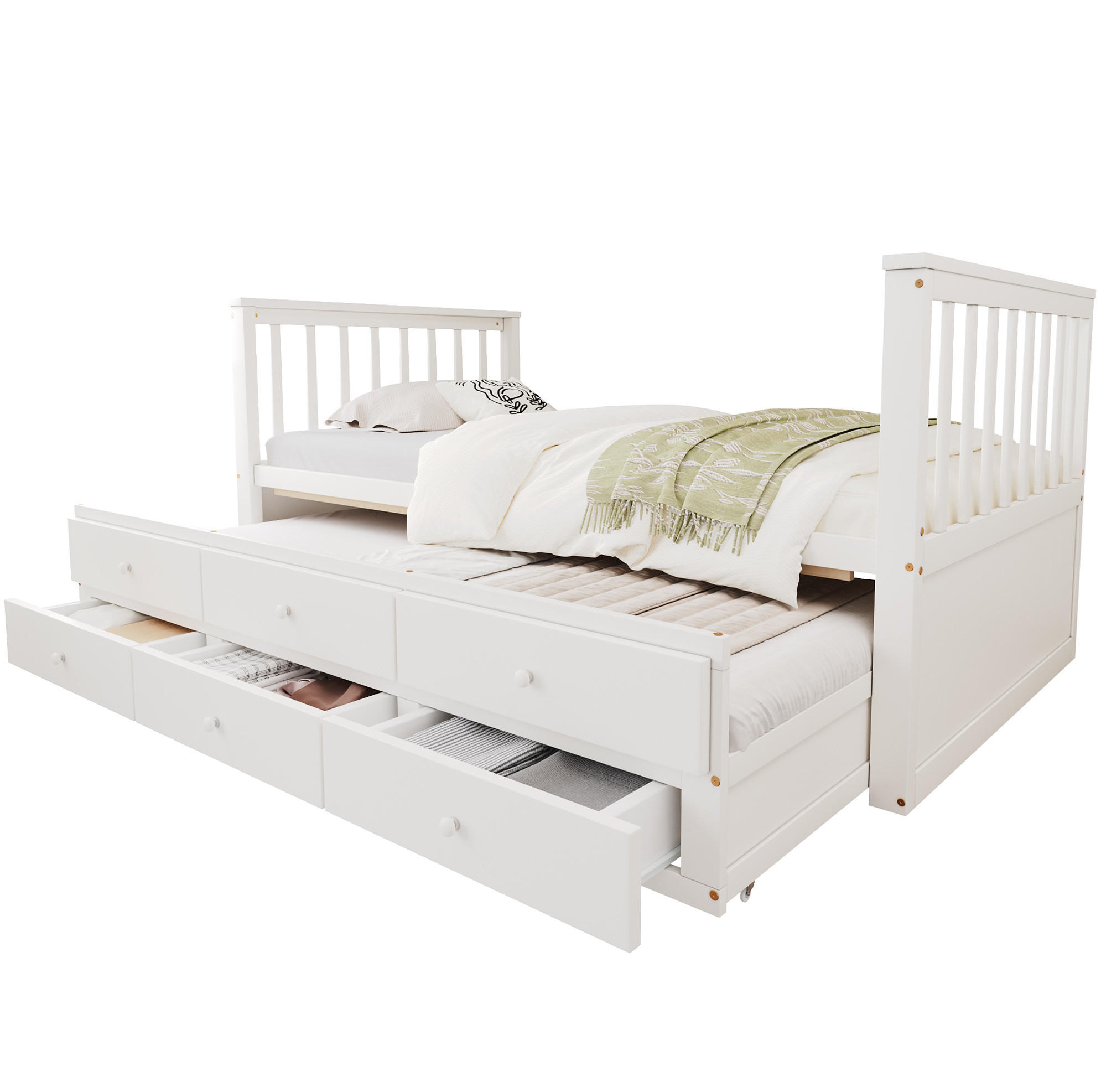 JEDNOLÔŽKOVÁ posteľ 90/200 cm biela z borovicového dreva a MDF s výsuvným lôžkom a 3 zásuvkami - biela, kompozitné drevo (90/200cm) - OKWISH