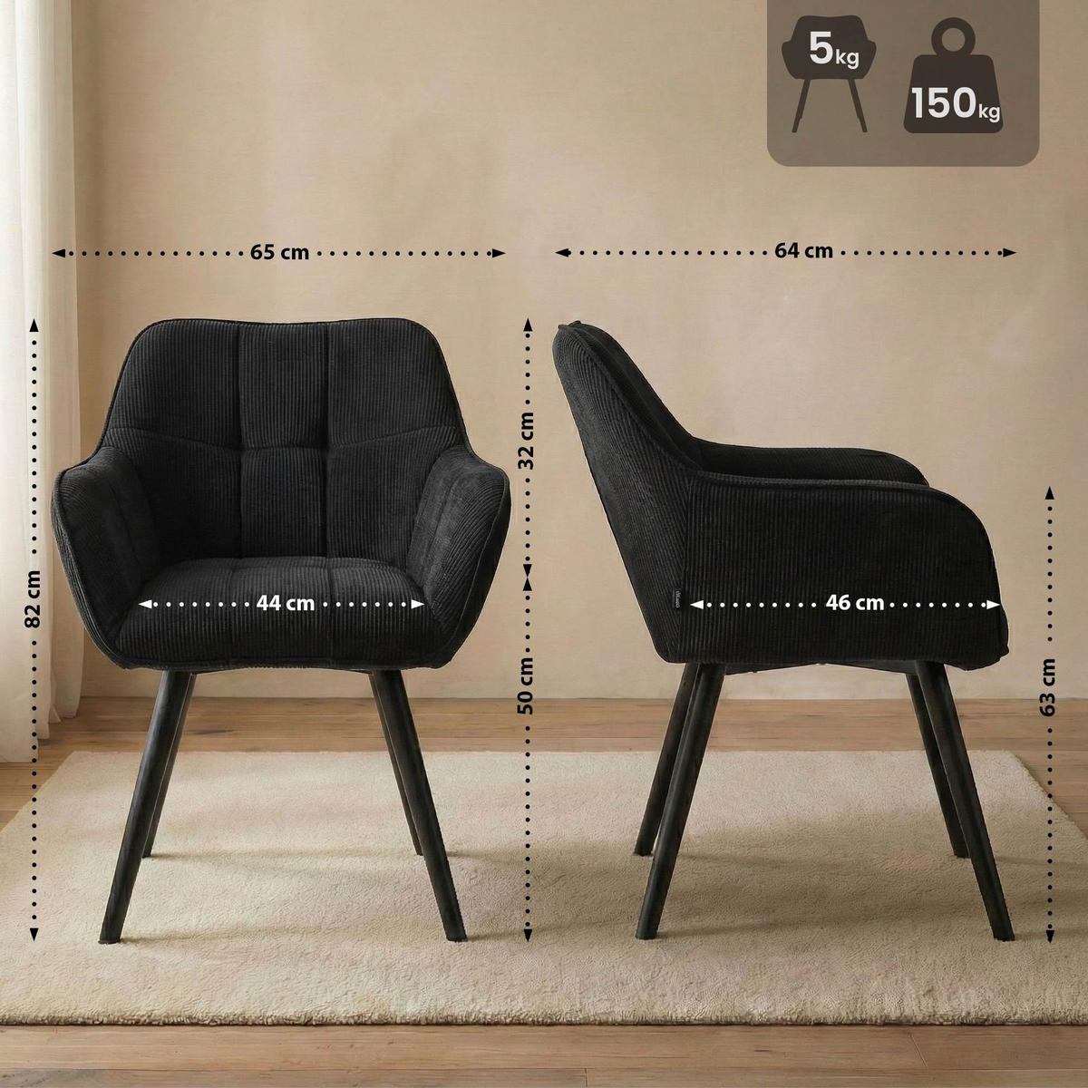 ESSZIMMERSTUHL Cord Schwarz - Schwarz, Holz/Textil (65/82/64cm) - CLP