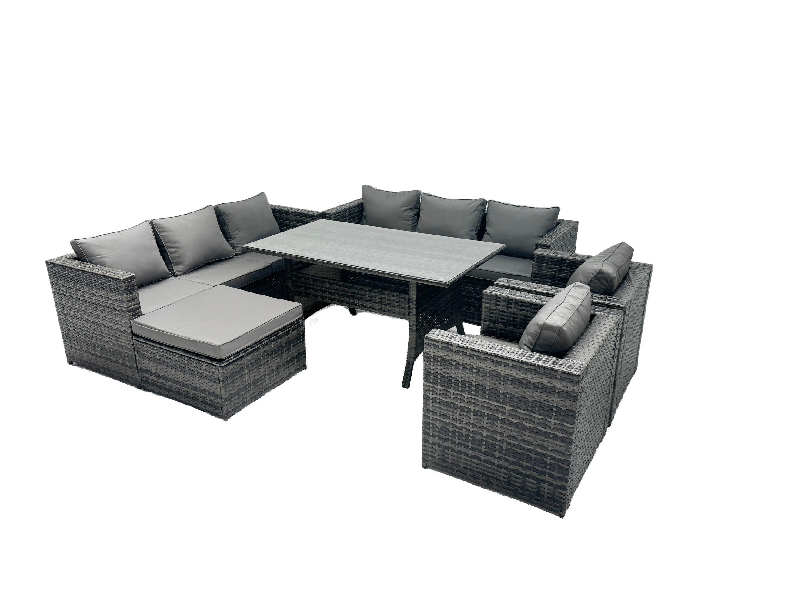 SITZGRUPPE mit Hocker Polyrattan Dunkelgrau 9-Sitzer - Dunkelgrau/Grau, Glas/Kunststoff - Fimous