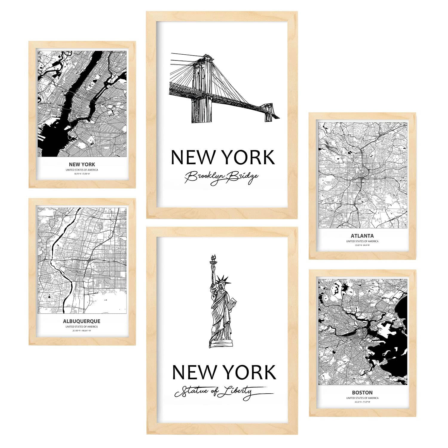 POSTER Set Mit 6 Drucke Von Usa Von Karten In Schwarz Weiß A3 & A4 Rahmen Aus Hellem Holz - Beige, Papier (29/3cm) - Nacnic