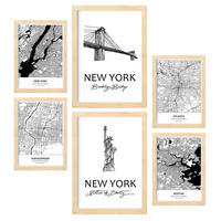 POSTER Set Mit 6 Drucke Von Usa Von Karten In Schwarz Weiß A3 & A4 Rahmen Aus Hellem Holz - Beige, Papier (29/3cm) - Nacnic