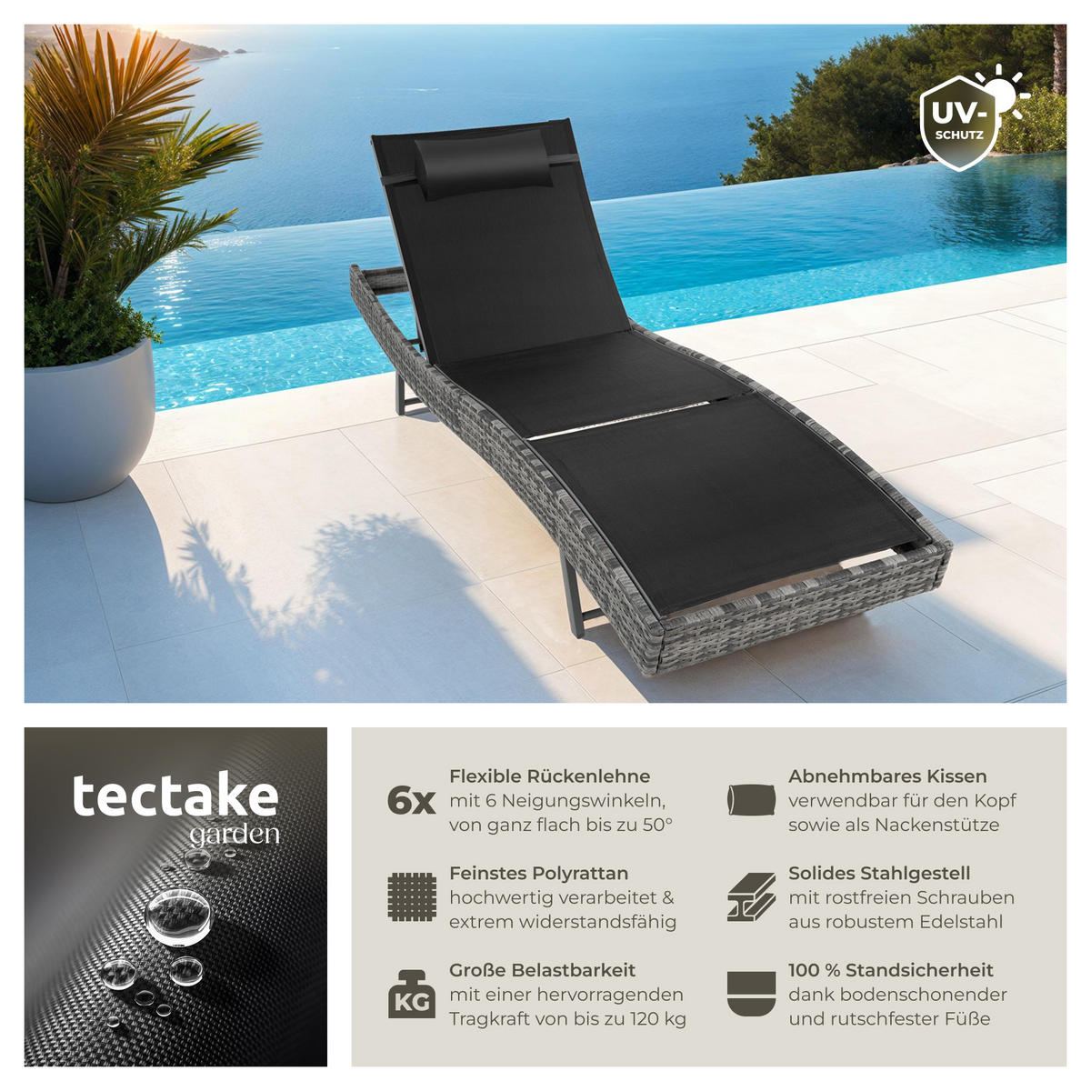 RATTAN-SONNENLIEGE Moana,69 x 211 x 41 - 94 cm,grau-meliert - Grau, Kunststoff (69/94/211cm) - tectake