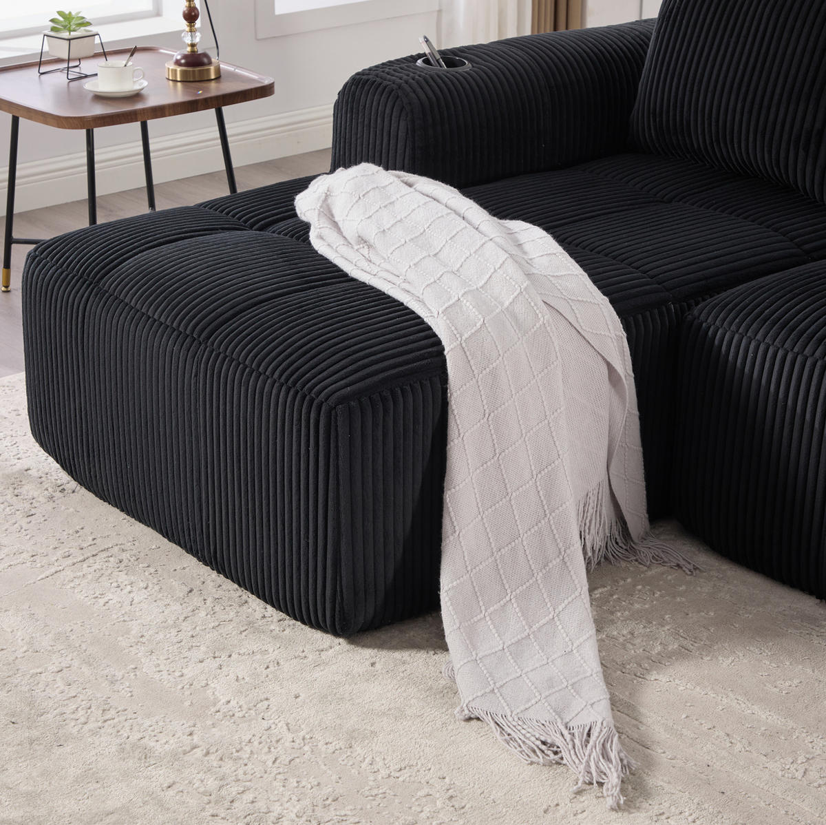 KOMPAKTSOFA aus Cord 253x158x61 cm in Schwarz mit Seitenfächern & Becherhaltern - Schwarz, Textil (158/61/253cm) - Modfu