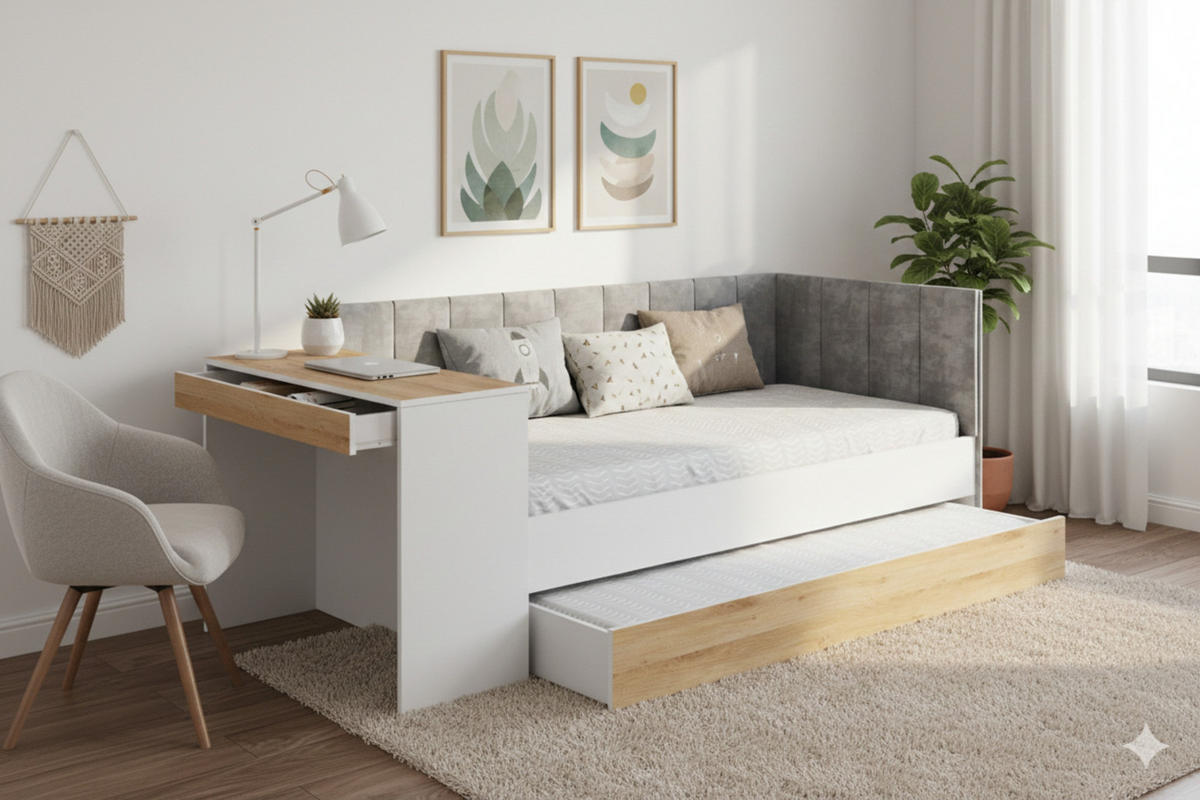 JUGENDBETT FABIAN 90/200 cm in Weiß/Eiche Gold rechts - Erlefarben/Weiß, Holzwerkstoff/Textil (90/200cm) - Deine Möbel 24