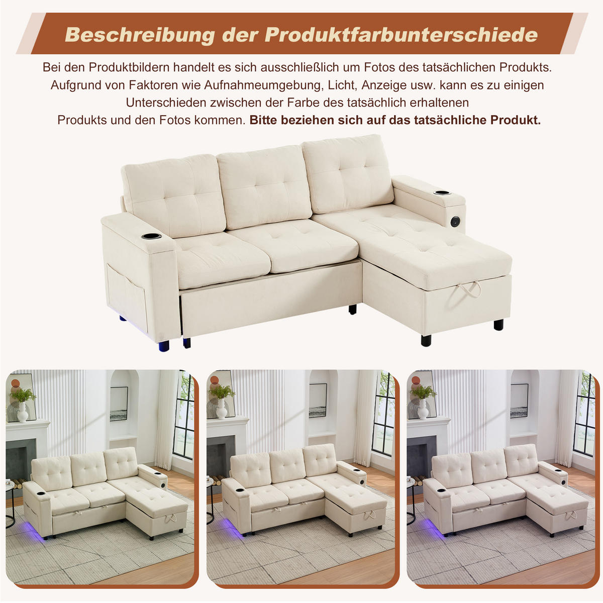 SCHLAFSOFA, Stoff mit Stauraum & LED-Lichtleiste, 208/146/89,5 cm, Beige - Beige, Textil (146/89.5/208cm) - Redom