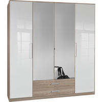 KLEIDERSCHRANK Greven in Hochglanz Lack Weiß mit Eiche Sägerau 179x199x58 cm (BxHxT) – Drehtürenschrank 4-türig mit zwei Spiegeltüren & Schubkästen - Weiß/Braun, Holzwerkstoff (120/200/80cm)