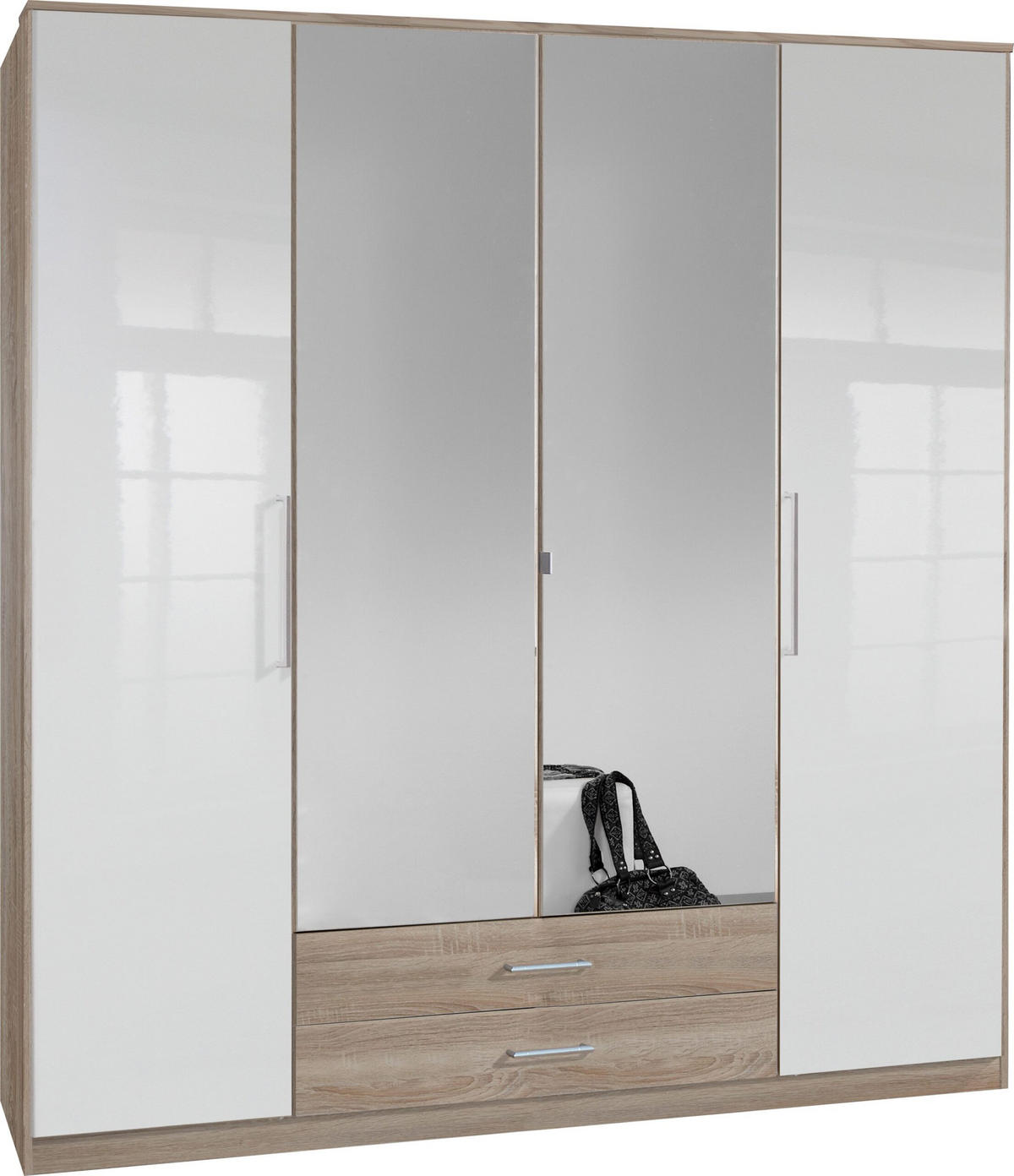 KLEIDERSCHRANK Greven in Hochglanz Lack Weiß mit Eiche Sägerau 179x199x58 cm (BxHxT) – Drehtürenschrank 4-türig mit zwei Spiegeltüren & Schubkästen - Weiß/Braun, Holzwerkstoff (120/200/80cm)