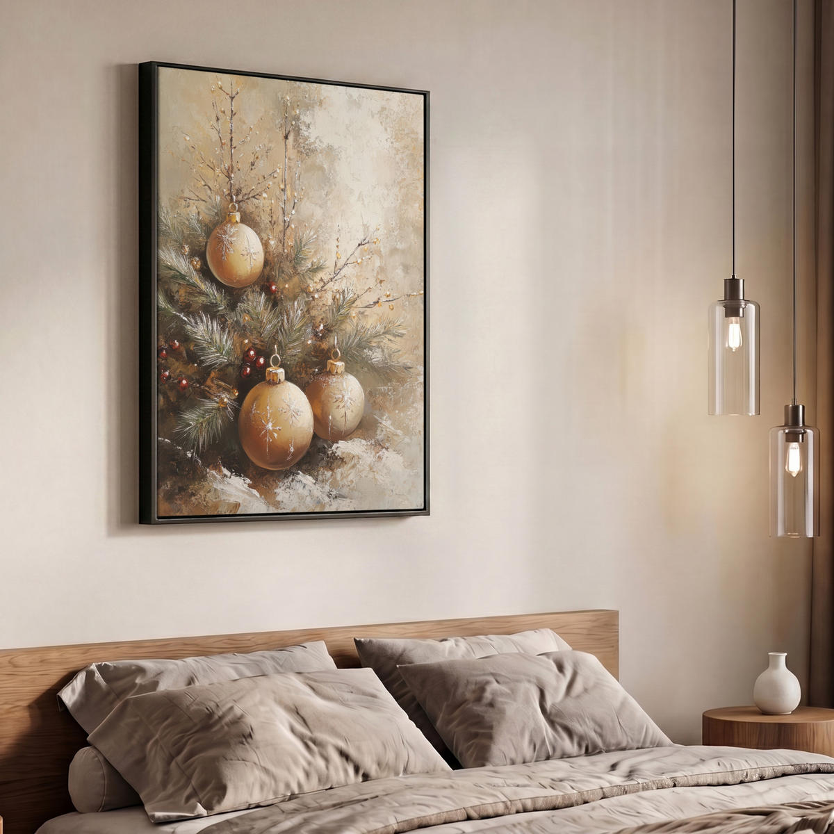 LEINWAND Bilder mit Rahmen - Weihnachten - Kugeln - Beige - Gold - 70x100 - Goldfarben, Textil (70/100cm) - MuchoWow