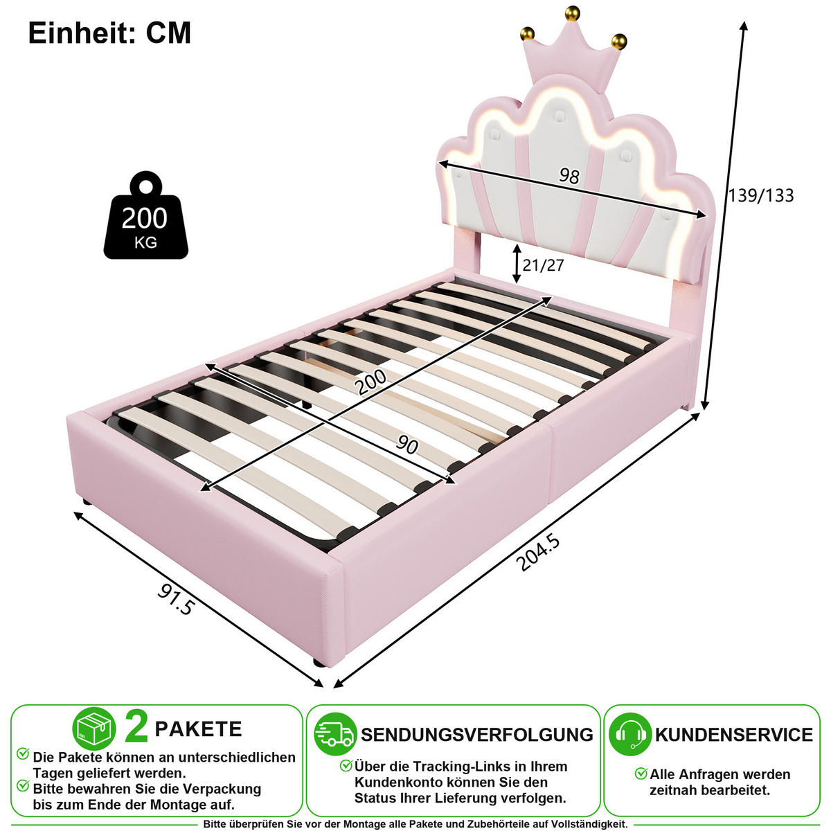POLSTERBETT 90/200 cm in Rosa mit Bettkasten, LED und Verstellbarem Kopfteil - Rosa, Holzwerkstoff/Textil (90/200cm) - CHICFURN