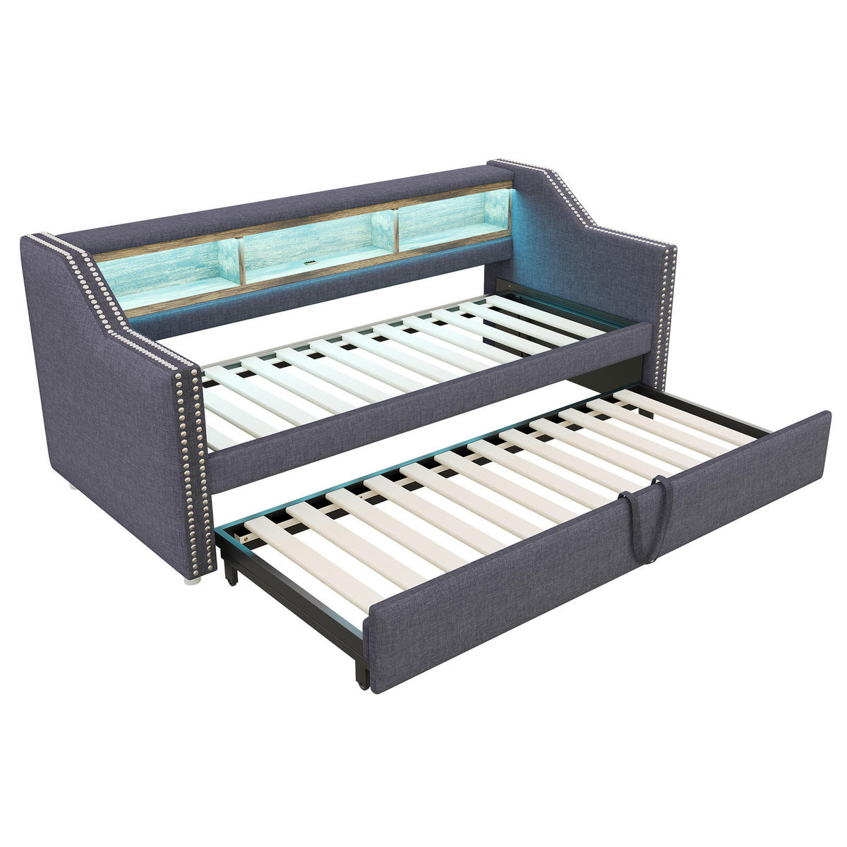 BETT mit ausziehbarem Bettrahmen Dunkelgrau mit USB-Anschluss und LED-Beleuchtung 90/190 cm - Dunkelgrau, Textil (90/190cm) - OKWISH