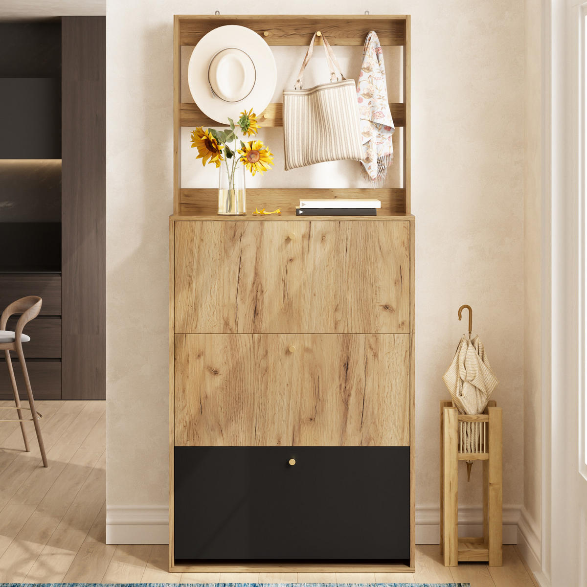 SCHUHSCHRANK Holzoptik Schwarz mit Haken, Schuhkipper mit 3 Klappen für Flur - Naturfarben, Holz (75/180/24cm) - PARAFTA HOME