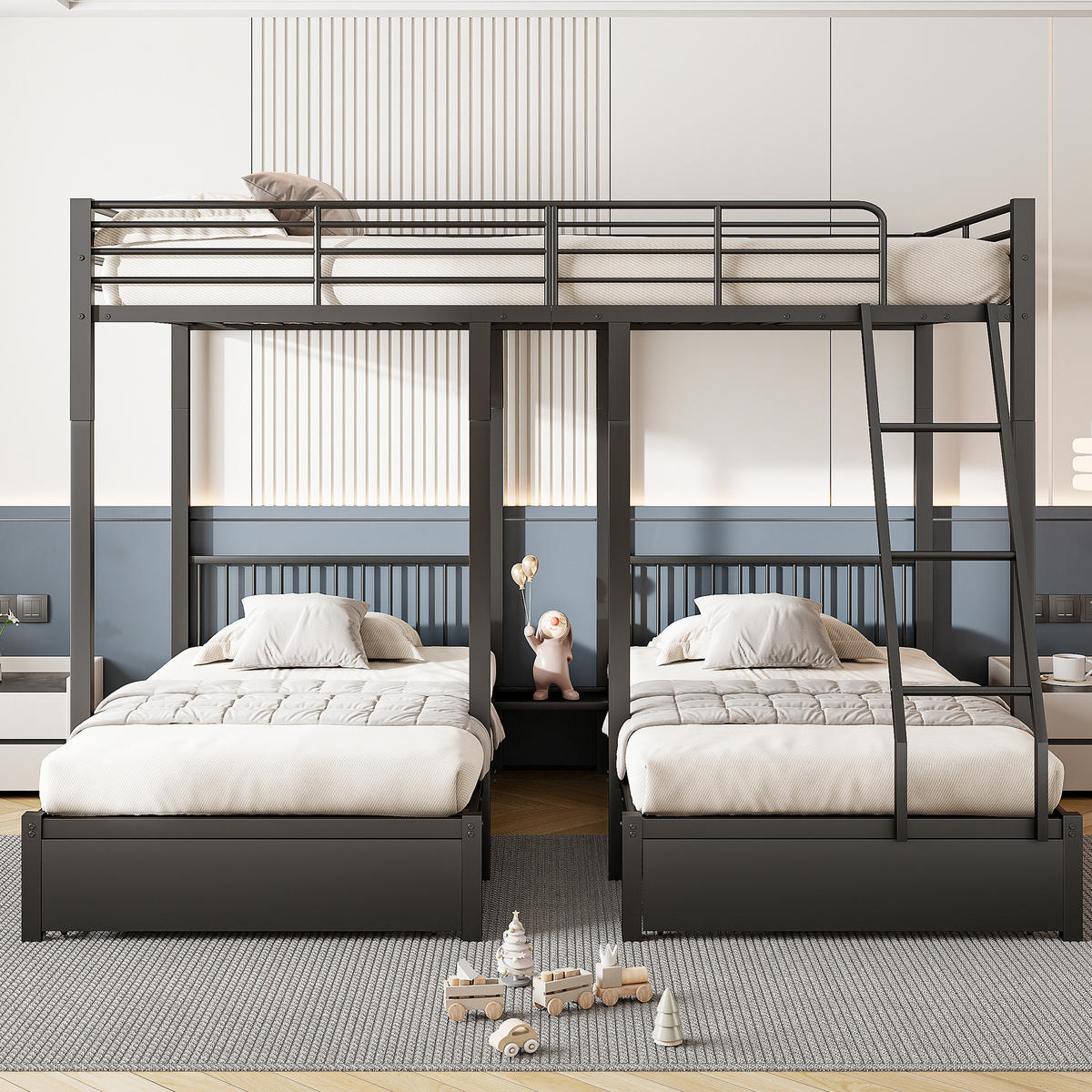 ETAGENBETT aus Metall 140x200/90x200 cm Schwarz mit 2 Schubladen, teilbar in 3 Betten - Schwarz, Metall (140/200cm) - Modfu