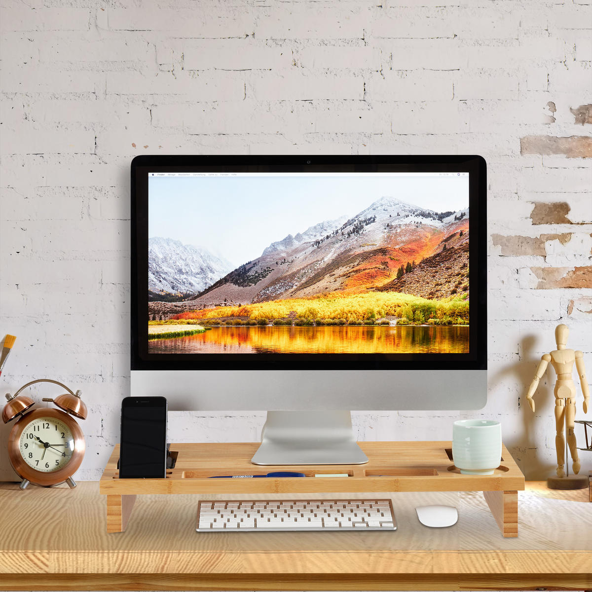 MONITORSTÄNDER Natur Bambus mit 7 Fächern 60x30 cm - Hellbraun, Holz (30/60/9cm) - Relaxdays