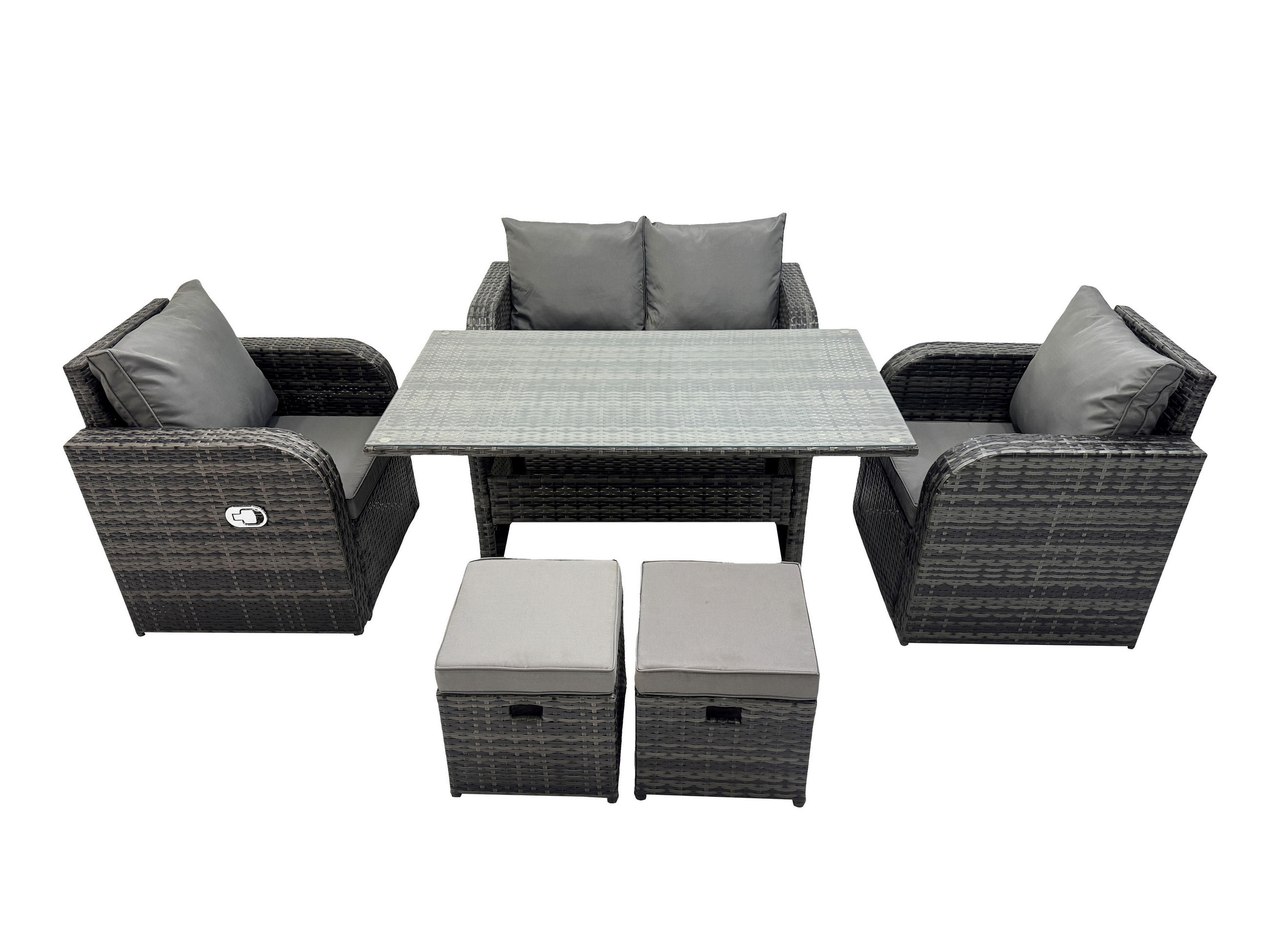 GARTENGARNITUR mit Liegestuhl,Zweisitzer Polyrattan Dunkelgrau 6-Sitzer - Dunkelgrau/Grau, Glas/Kunststoff - Fimous