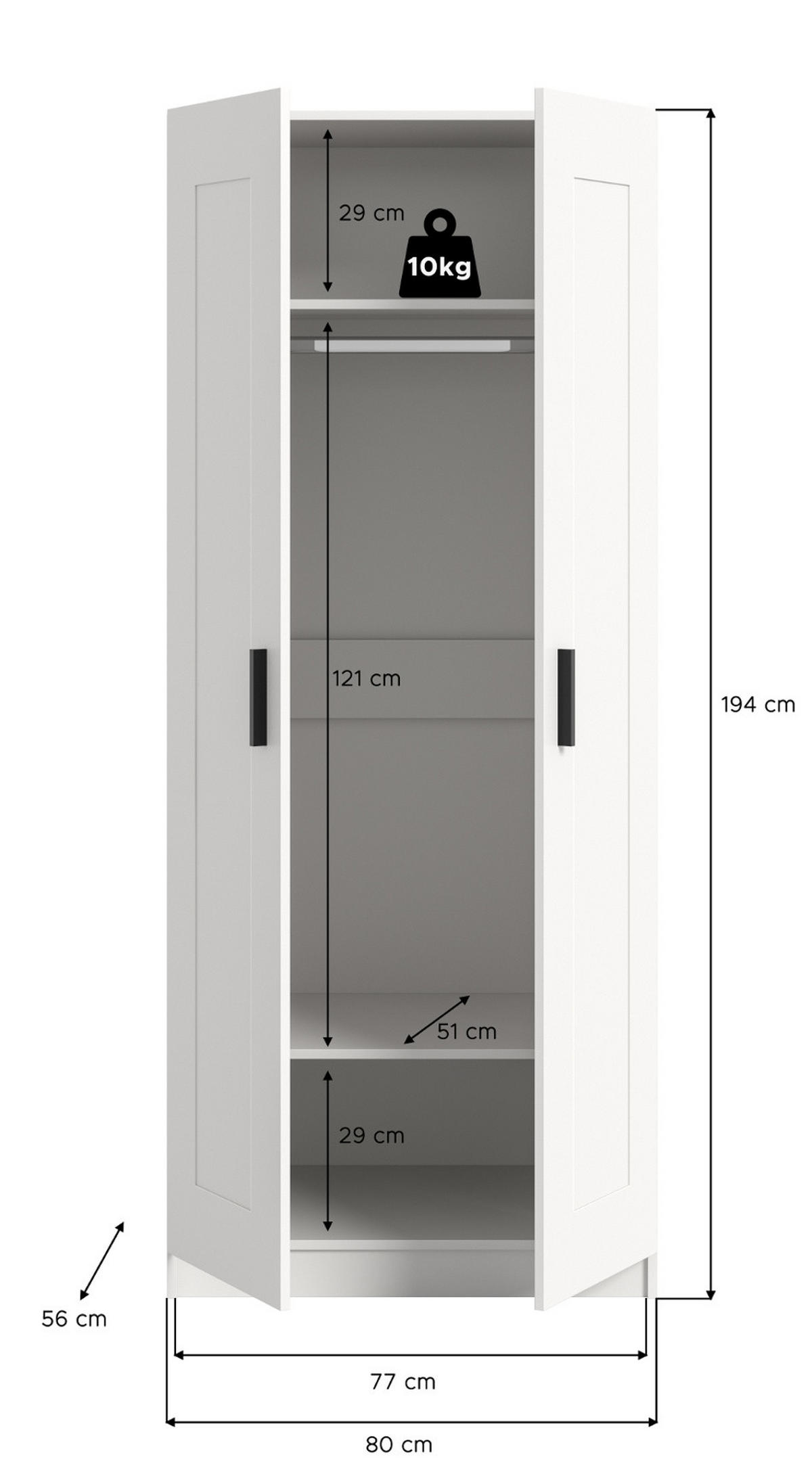 KLEIDERSCHRANK in weiß 80 x 194 cm, Drehtürenschrank 2-türig skandinavisch - Schwarz/Weiß, Holzwerkstoff/Kunststoff (80/194/56cm) - Inn.Furn