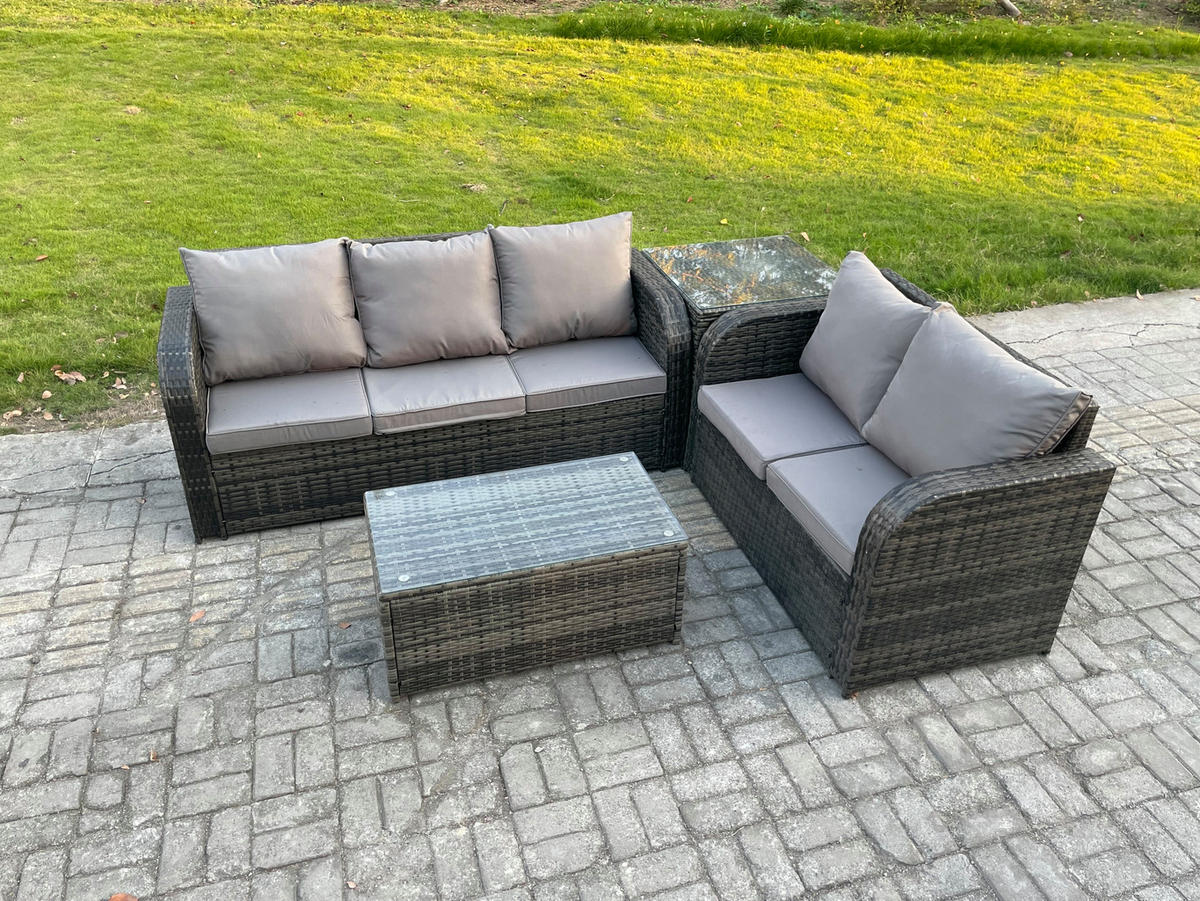 GARTENMÖBELSET mit Couchtisch Polyrattan 5-Sitzer - Dunkelgrau/Grau, Glas/Kunststoff - Fimous