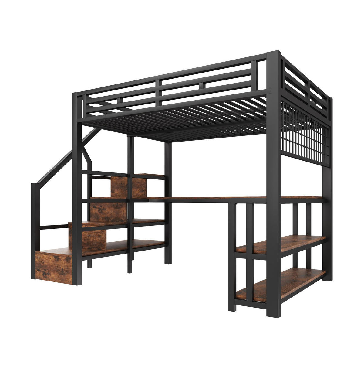HOCHBETT 140/200 cm aus Metall/MDF mit Schreibtisch, Stauraumtreppe und LED Schwarz - Schwarz, Metall (140/200cm) - Modenvie