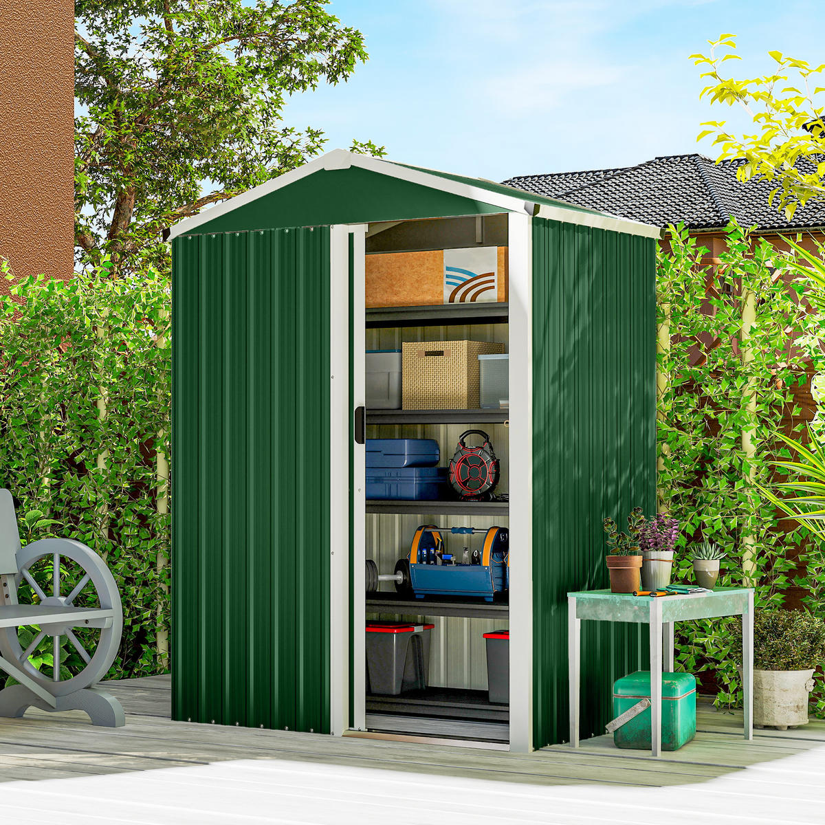 GARTENHAUS 1, 1 m² ,aus Stahl mit abschließbarer Schiebetür 136 x 87 x 179 cm ,grün - Grün, Metall (87/179/136cm) - Vallsero