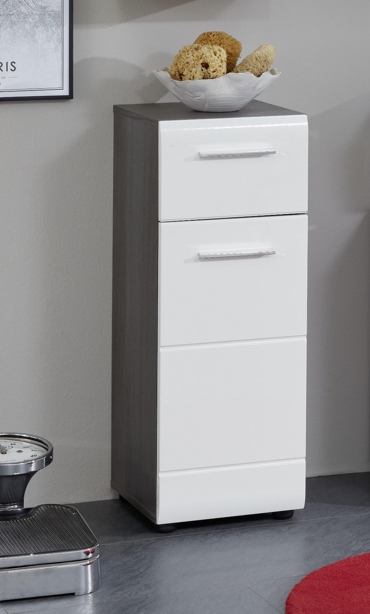 UNTERSCHRANK weiß Hochglanz, grau Rauchsilber, Badschrank 30 cm, Türanschlag wechselbar - Weiß Hochglanz/Silberfarben, Holzwerkstoff/Kunststoff (30/80/31cm) - Top.Furn