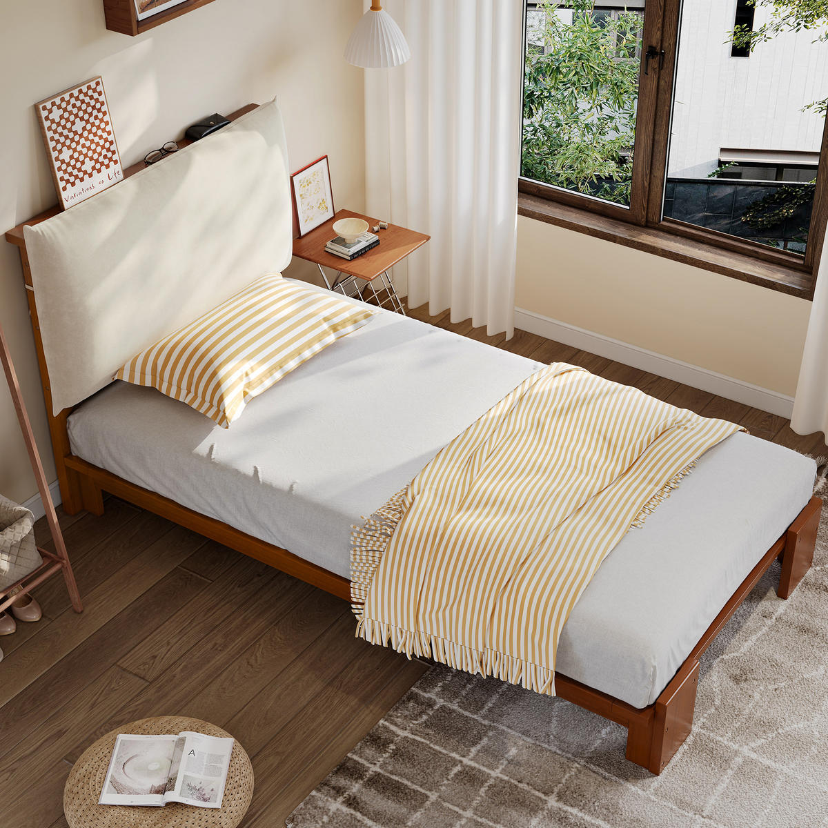 POLSTERBETT 90/200 cm dunkelbraun aus Holz mit gepolstertem Kopfteil - Braun, Textil (90/200cm) - OKWISH