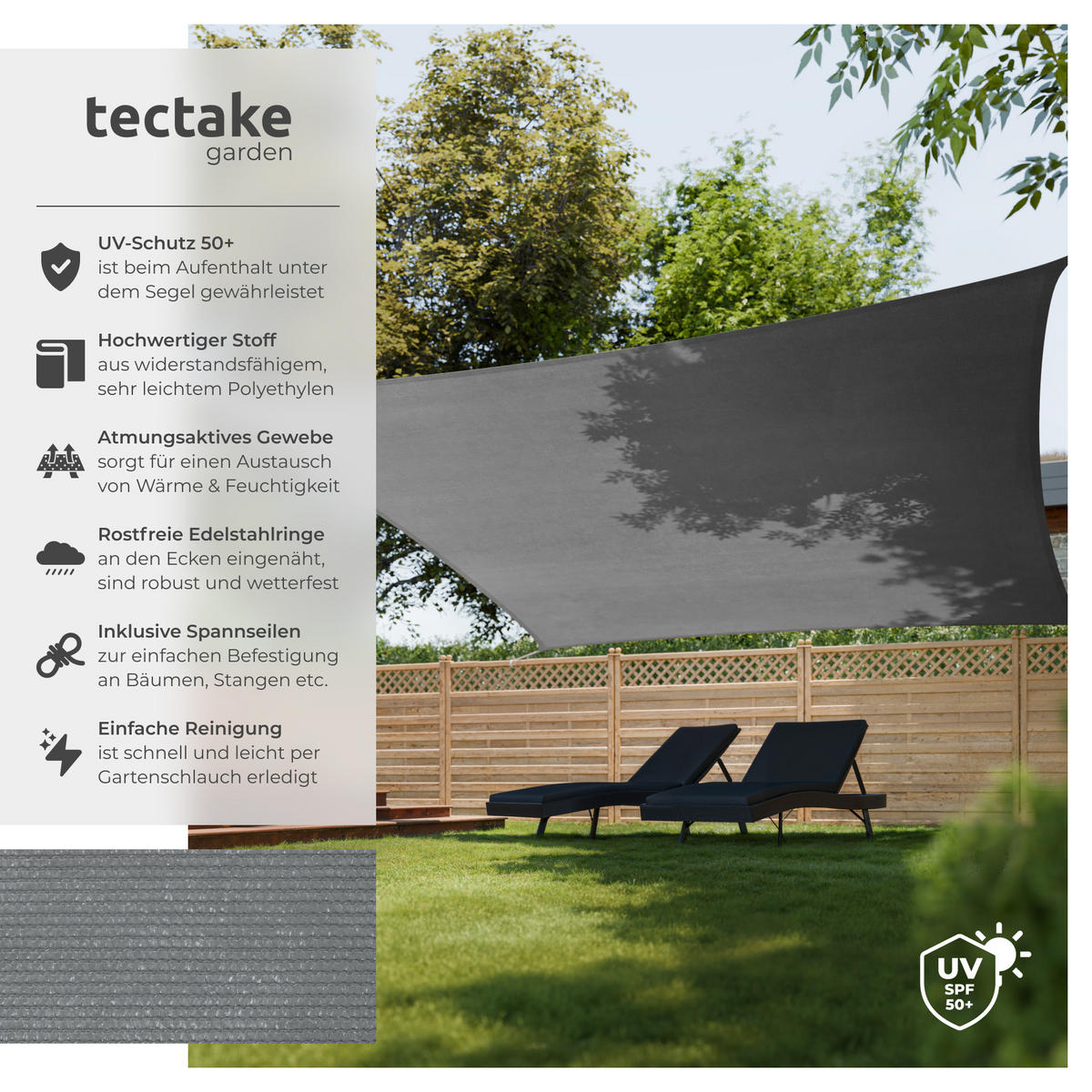 SONNENSEGEL ,inklusive Spannseile,grau - Grau, Kunststoff (500/500cm) - tectake