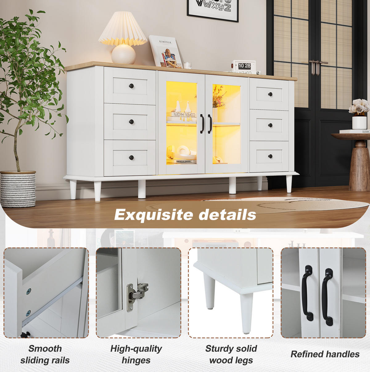 SIDEBOARD 150/40/75 cm Weiß und Holzton aus MDF mit LED-Beleuchtung - Weiß, Holzwerkstoff (40/75/150cm) - OKMYHOME