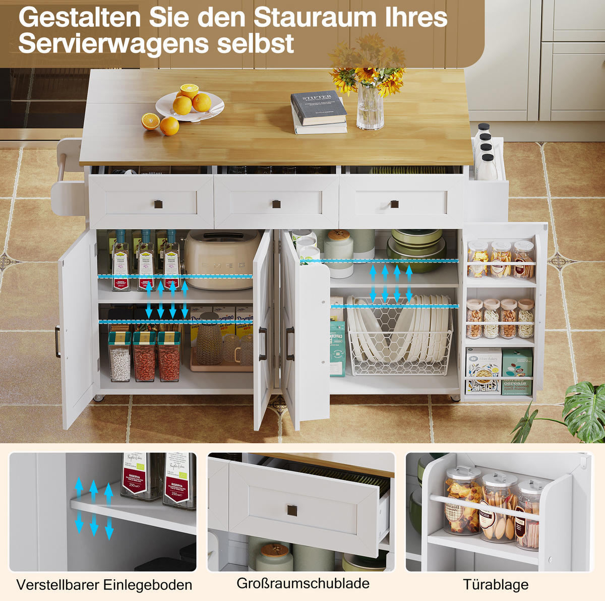 KÜCHENINSEL 140/43/90,5 cm Weiß/Natur aus MDF klappbar - Weiß, Holzwerkstoff (140/93/70cm) - OKWISH
