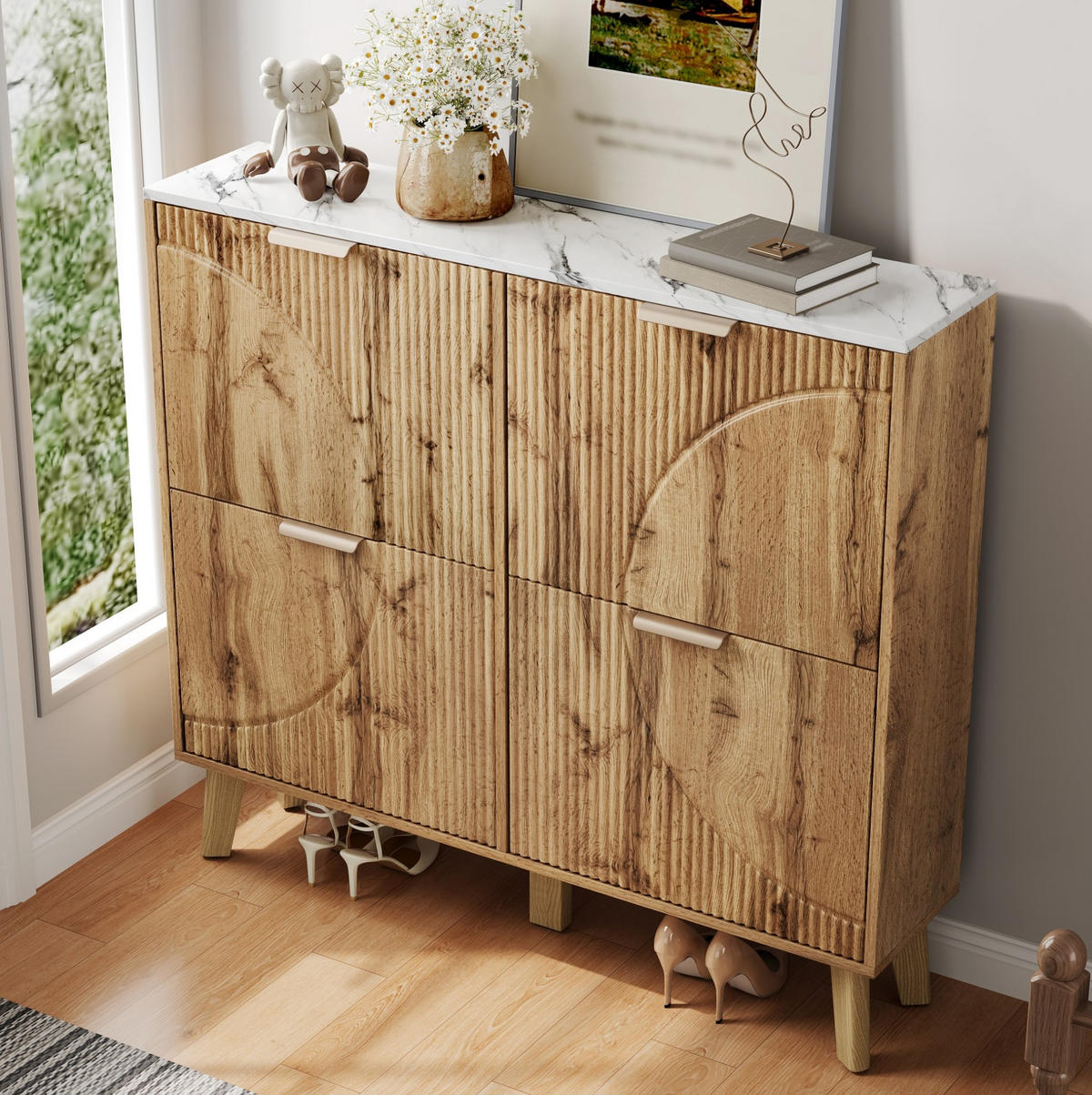 SCHUHSCHRANK aus MDF 105x24x95,5cm in Natur mit 4 Klapptüren - Naturfarben, Holzwerkstoff (105/95.5/24cm) - Modfu