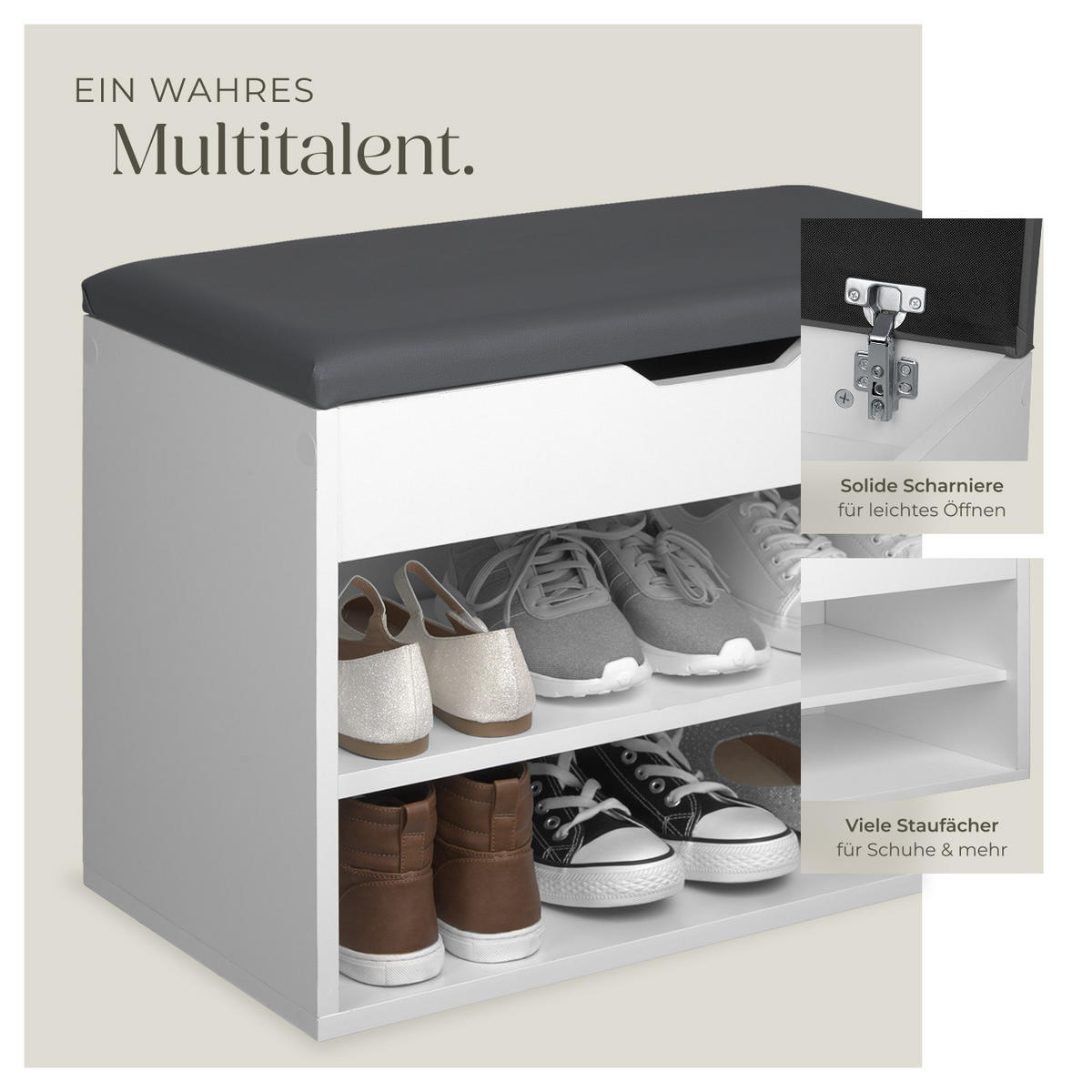 SCHUHBANK Jasmina,60 x 30 x 43,5 cm,weiß - Weiß, Holz (30/43.5/60cm) - tectake