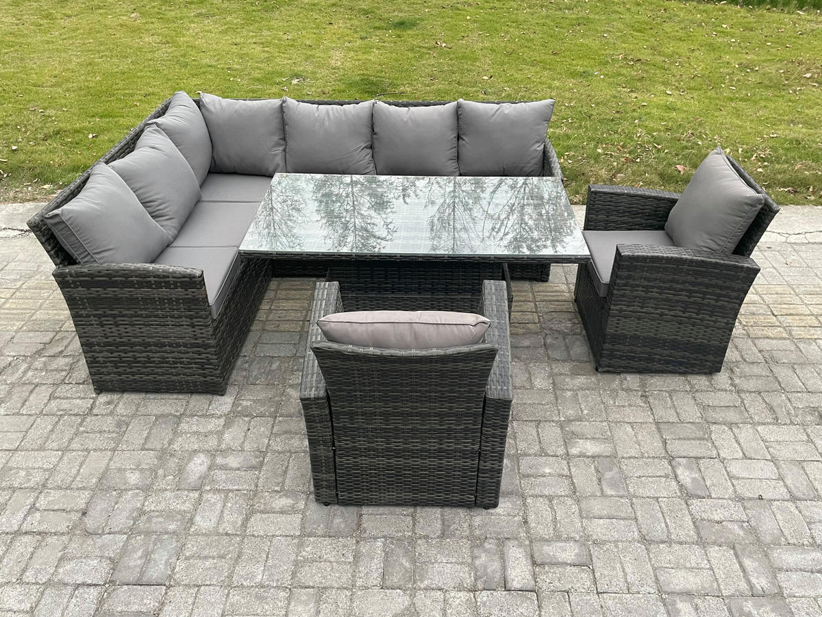 GARTENSET mit Höhenverstellbarer Tisch, 2 Stühle Polyrattan Dunkelgrau 8-Sitzer - Dunkelgrau/Grau, Glas/Kunststoff - Fimous