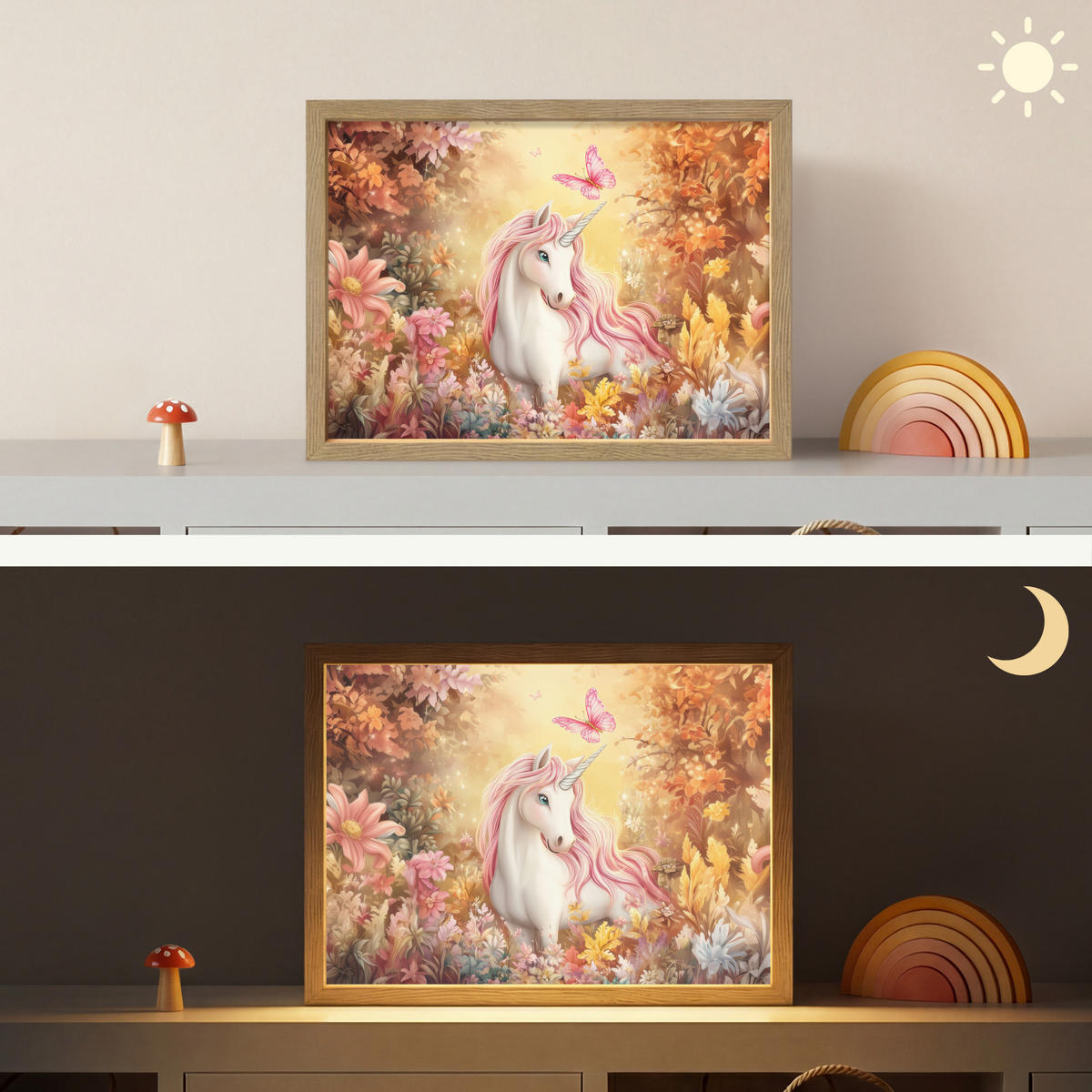 NÁSTĚNNÁ LAMPA S AKUMULÁTOREM Jednorožec - Květiny - Motýl - Růžová 40x30 cm - béžová, kompozitní dřevo (40/30/8cm) - OnlyWow