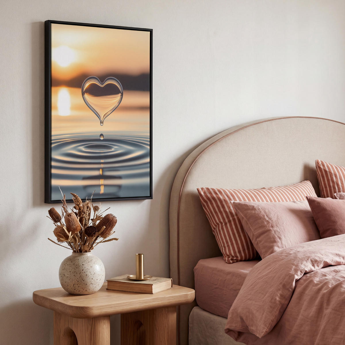 LEINWAND Bilder mit Rahmen - Herz - Wasser - Sonnenuntergang - Natur - Zen - 40x60 - Bernsteinfarben, Textil (40/60cm) - MuchoWow