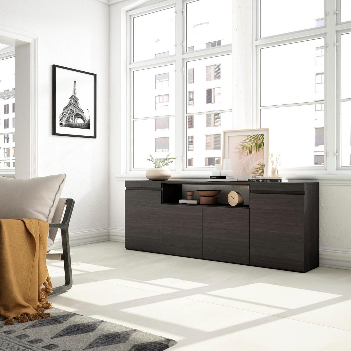 SIDEBOARD schwarz, 200/35/75cm - Schwarz, Holzwerkstoff (200/75/35cm) - Skraut Home